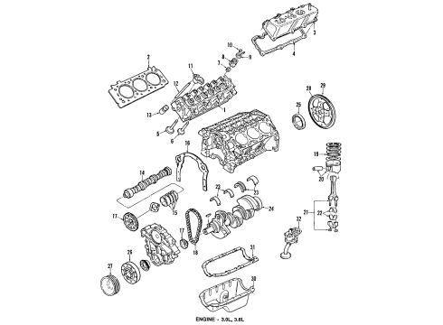 1988 Ford Taurus Engine Parts, Mounts, Cylinder Head & Valves, Camshaft & Timing, Oil Pan, Oil Pump, Crankshaft & Bearings, Pistons, Rings & Bearings Head Gasket Diagram for E9DZ-6051-B