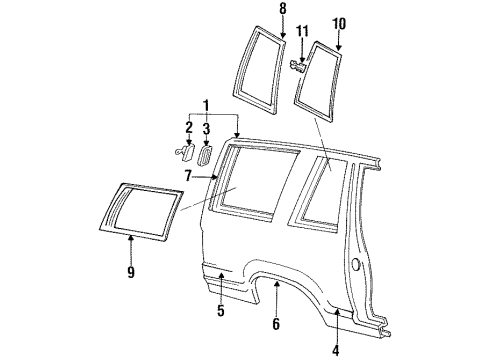 1993 Ford Explorer Quarter Panel & Components, Glass, Exterior Trim Quarter Glass Retainer Clip Diagram for -N620361-S36