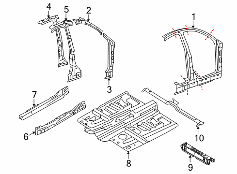 2008 Ford Taurus Aperture Panel, Center Pillar & Rocker, Floor, Hinge Pillar Front Crossmember Diagram for 5G1Z-5410672-AB