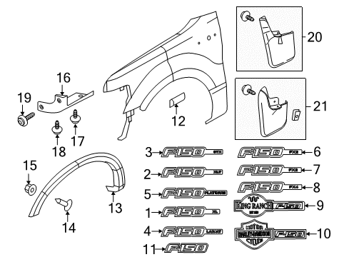2013 Ford F-150 Exterior Trim - Fender Mud Guard Diagram for 6L3Z-16A550-BA