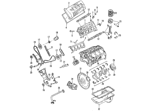1998 Lincoln Mark VIII Engine Parts, Mounts, Cylinder Head & Valves, Camshaft & Timing, Exhaust Camshaft, Intake Camshaft, Oil Pan, Oil Pump, Crankshaft & Bearings, Pistons, Rings & Bearings Front Mount Diagram for F3LY-6038-B