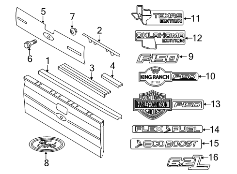2012 Ford F-150 Exterior Trim - Pick Up Box Tail Gate Molding Diagram for BL3Z-1540602-AA