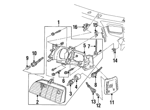 1988 Ford Taurus Headlamp Components, Side Marker Lamps Park Lamp Bulb Diagram for 1U5Z-13466-BB