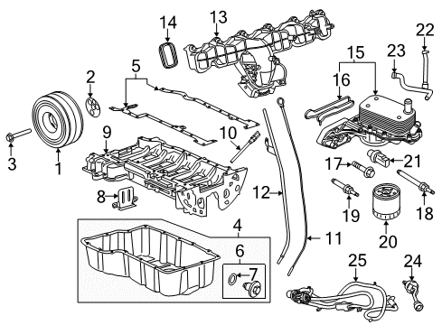2015 Ford Transit-350 Engine Parts, Mounts, Cylinder Head & Valves, Camshaft & Timing, Variable Valve Timing, Oil Cooler, Oil Pan, Oil Pump, Crankshaft & Bearings, Pistons, Rings & Bearings Baffle Diagram for AB3Z-6C070-A