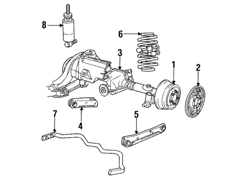 1987 Mercury Grand Marquis Rear Suspension Components, Axle Housing, Lower Control Arm, Upper Control Arm, Stabilizer Bar & Components Backing Plate Diagram for E5AZ2212A