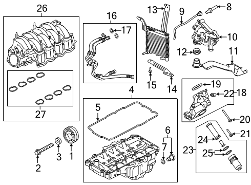 2018 Ford Mustang Engine Parts, Mounts, Cylinder Head & Valves, Camshaft & Timing, Variable Valve Timing, Oil Pan, Oil Pump, Balance Shafts, Crankshaft & Bearings, Pistons, Rings & Bearings Water Pipe Gasket Diagram for FR3Z-00815-A