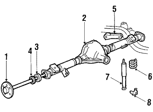 1984 Ford Thunderbird Rear Suspension Components, Lower Control Arm, Upper Control Arm, Stabilizer Bar Backing Plate Diagram for E3DZ2212A