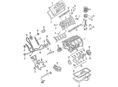 1997 Ford Mustang Engine Parts, Mounts, Cylinder Head & Valves, Camshaft & Timing, Oil Pan, Oil Pump, Crankshaft & Bearings, Pistons, Rings & Bearings Front Mount Diagram for 2R3Z-6038-AA
