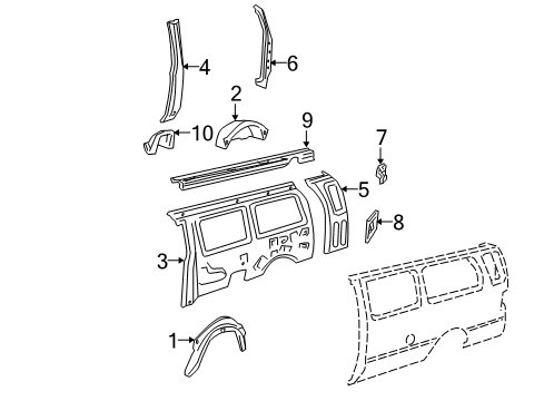 2007 Ford E-150 Inner Structure & Rails - Side Panel Inner Wheelhouse Diagram for F2UZ-1527887-A