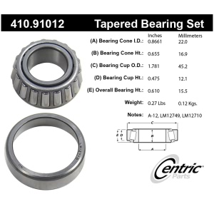 Centric Premium™ Front Driver Side Outer Wheel Bearing and Race Set for Mercury Sable - 410.91012